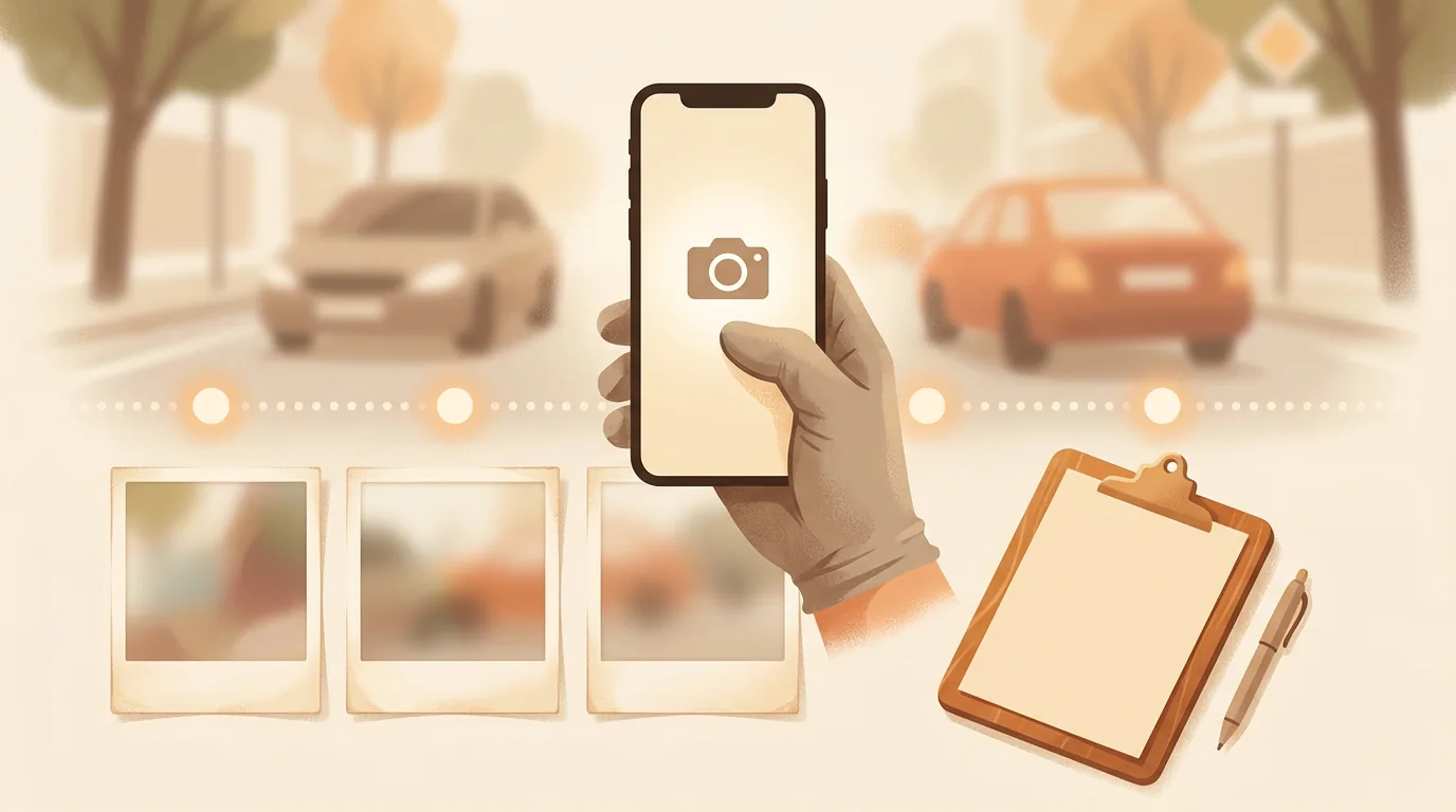 Okładka artykułu o zbieraniu dowodów po zdarzeniu drogowym, 1200x800 px, zdjęcia i notatki