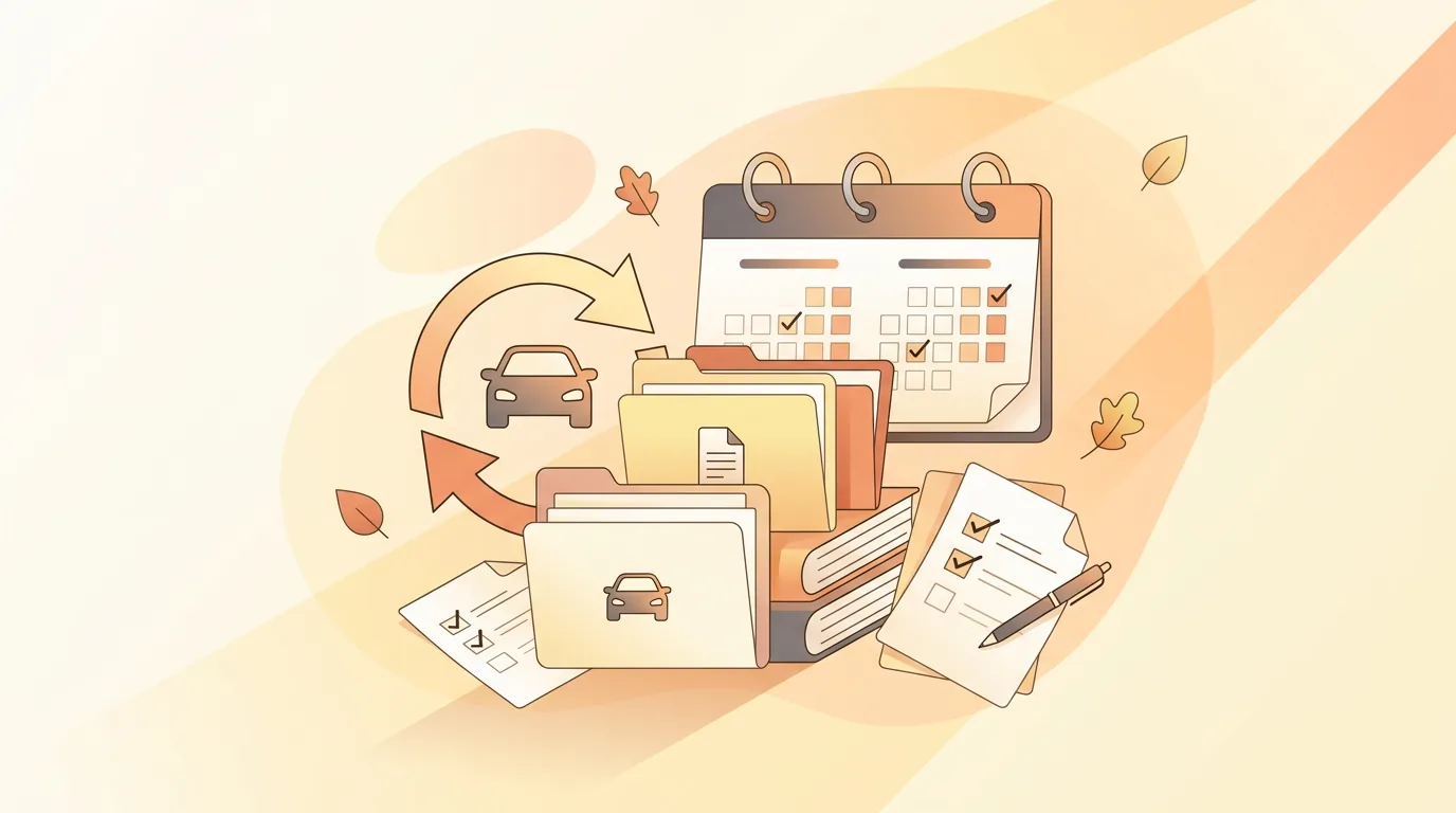 Okładka artykułu o rocznym przeglądzie polisy, 1200x800 px, kalendarz i checklista