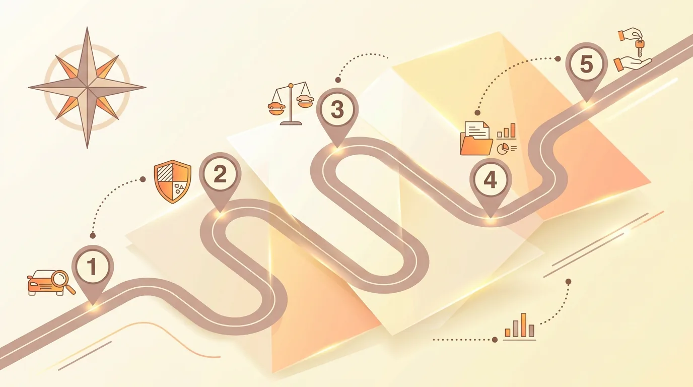 Grafika edukacyjna mapy priorytetów ubezpieczenia auta, 1400x900 px, delikatna ilustracja trasy i znaczników