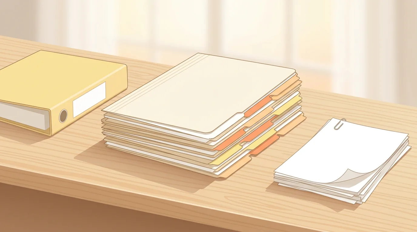 Ilustracja uporządkowanej teczki dokumentów polisy i zgłoszeń, 1400x900 px, stonowana grafika biurowa